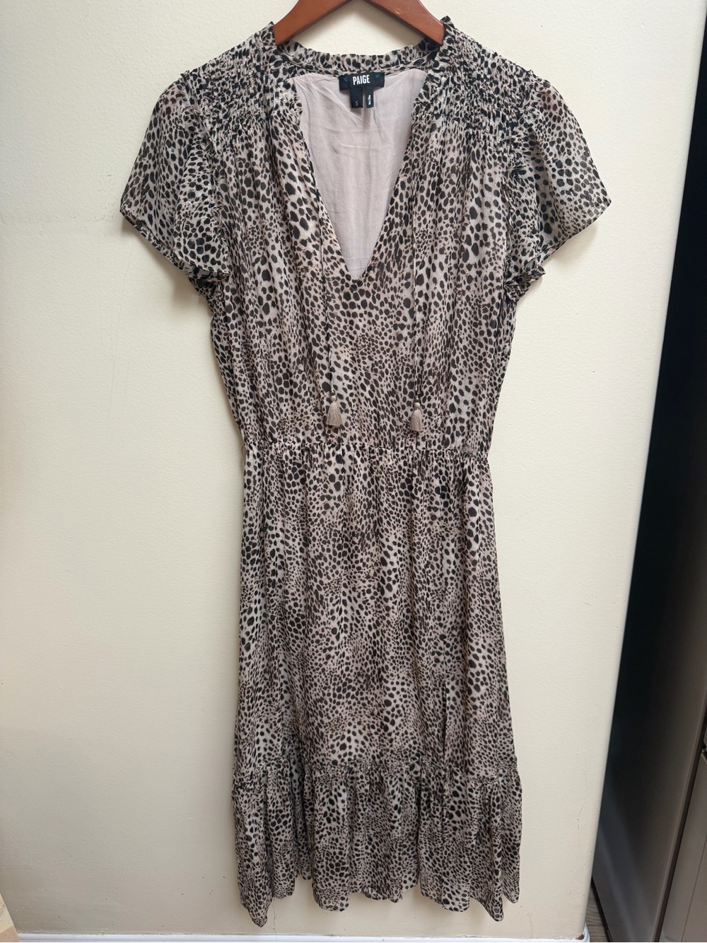 PAIGE Beige and Black Leopard-Print Short Sleeve Midi Dress
